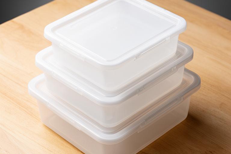 Mehrere stapelbare Kunststoffboxen in verschiedenen Grössen auf einem hellen Holztisch