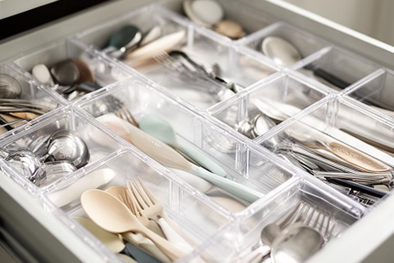 Schubladeneinsatz mit geordneten Küchenutensilien und transparenten Kunststofffächern
