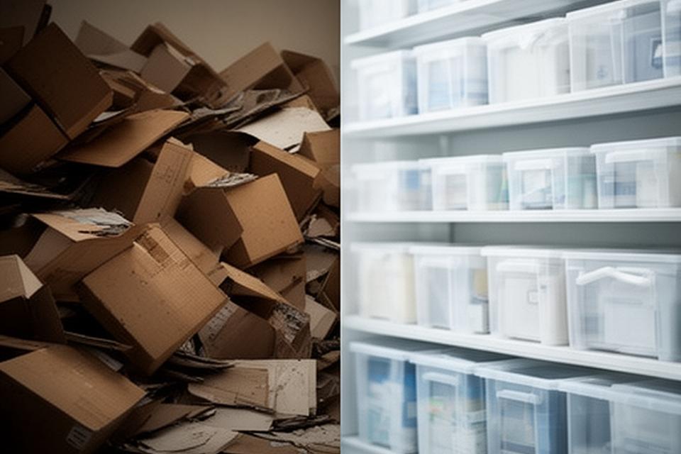 Vorher-Nachher-Vergleich eines Abstellraums mit unsortierten Kartons und anschliessend klar beschrifteten Kunststoffboxen auf Regalen