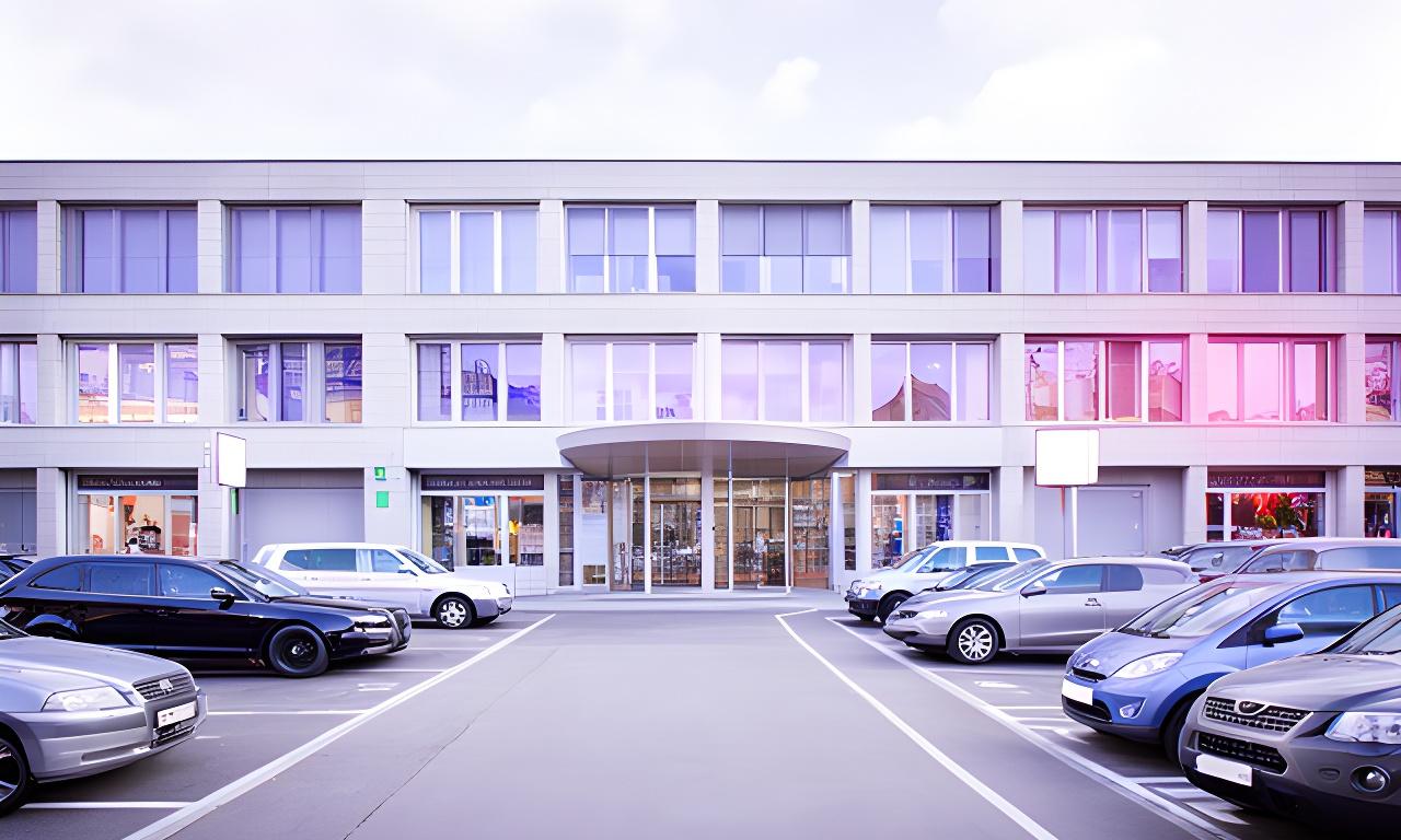 Aussenansicht eines Gewerbegebäudes in Zürich mit klarer Zufahrt, Parkraum und ruhiger Ankunftssituation