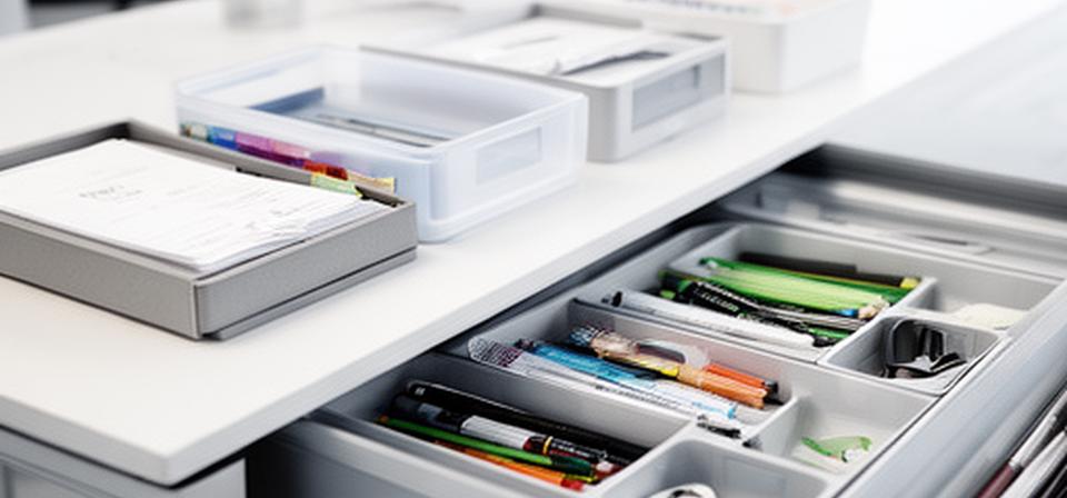 Aufgeräumter Schreibtisch mit Schubladen-Organizern, Stiften und Aktenboxen in einem hellen Büro