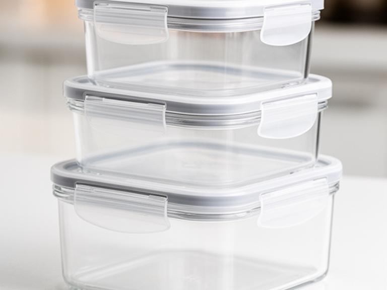 Transparente Lebensmittelboxen auf einer hellen Küchenarbeitsfläche mit stapelbaren Deckeln