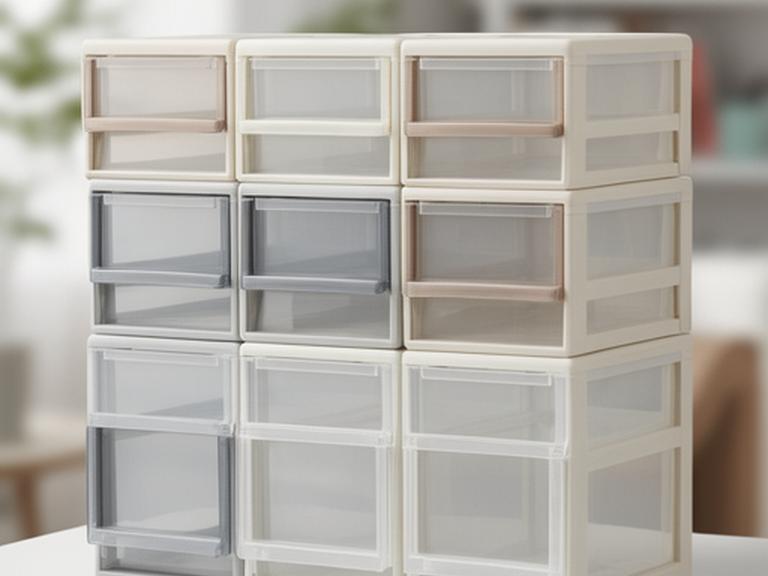 Mehrere Aufbewahrungsboxen in einer aufgeräumten Wohnumgebung mit klarer Stapelstruktur