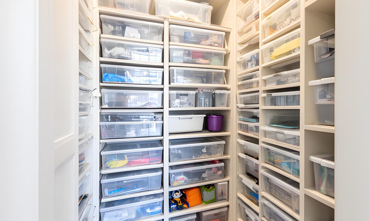 Aufgeräumter Einbauschrank mit transparenten Boxen, beschrifteten Körben und sauber sortierten Haushaltsartikeln in hellem Tageslicht
